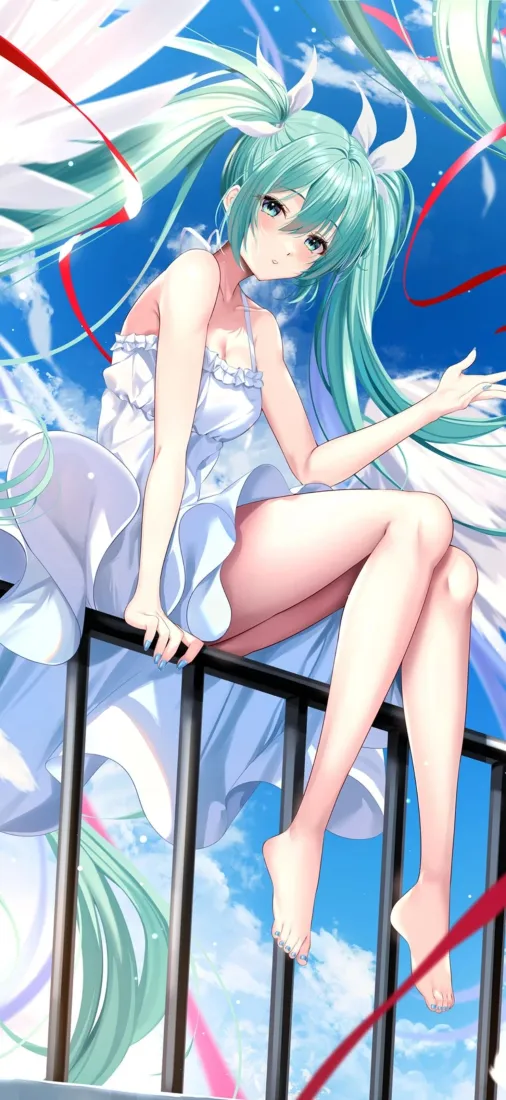初音未来手机壁纸｜白裙双马尾背景图片 - 蓝天栏杆「哲风壁纸」