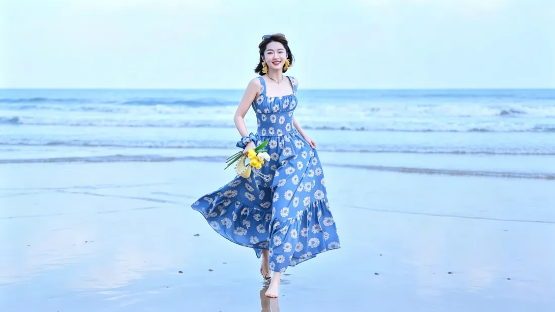 3k海边蓝裙少女壁纸｜清新海滩背景图片 - 手捧花束微笑漫步「哲风壁纸」