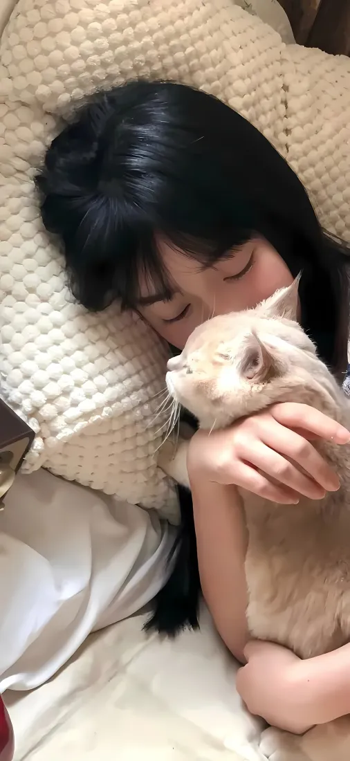 小猫手机壁纸｜熟睡女孩背景图片 - 温馨卧室居家日常「哲风壁纸」