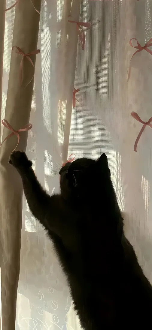 黑猫手机壁纸｜窗边纱帘背景 - 抬爪猫咪剪影「哲风壁纸」