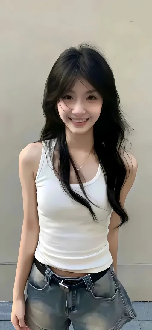 甜笑黑发美女手机壁纸｜白背心牛仔背景图片 - 清新少女感「哲风壁纸」