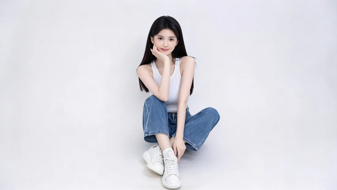 2k清纯长发美女壁纸｜白衣牛仔裤背景图片 - 白背心蓝牛仔「哲风壁纸」