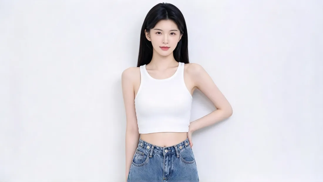 2k白衣牛仔裤美女壁纸｜白背景图片 - 黑长直清纯少女「哲风壁纸」