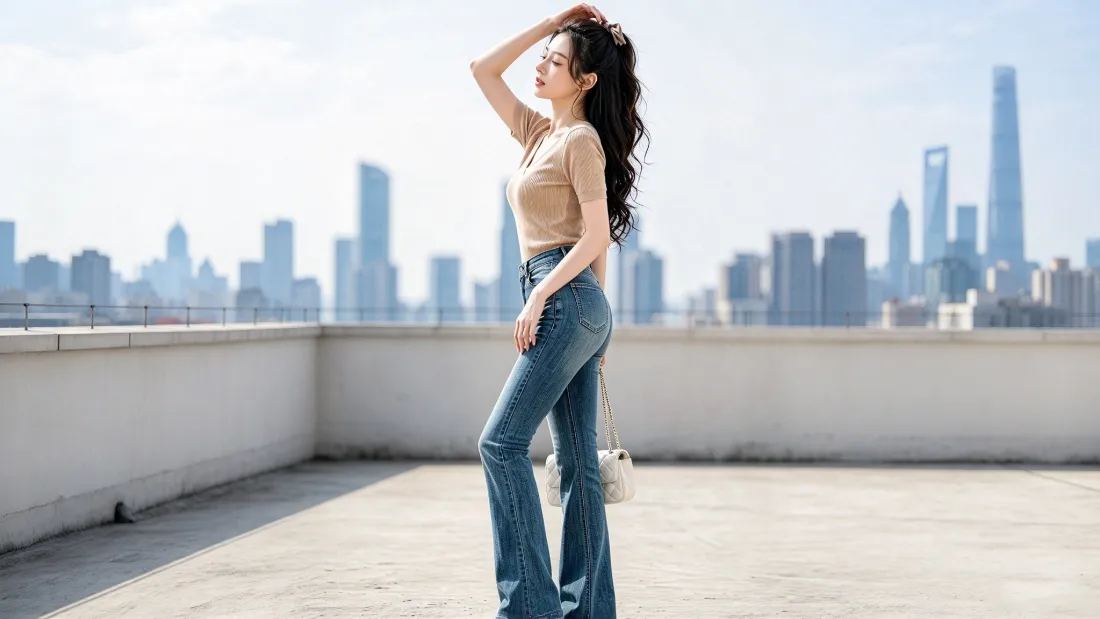 2k天台牛仔裤美女壁纸｜城市天际线背景图片 - 长卷发穿搭写真「哲风壁纸」