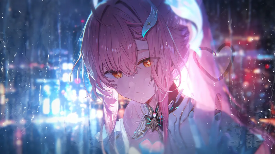 2k粉发长角少女壁纸｜霓虹雨夜背景图片 - 二次元「哲风壁纸」
