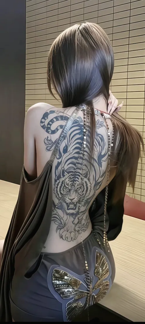 纹身美女手机壁纸｜满背虎纹背景图片 - 黑长发露背酷飒女性「哲风壁纸」