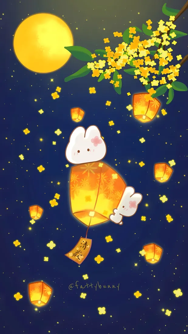 中秋玉兔孔明灯手机壁纸｜深蓝夜空背景图片 - 圆月桂花「哲风壁纸」