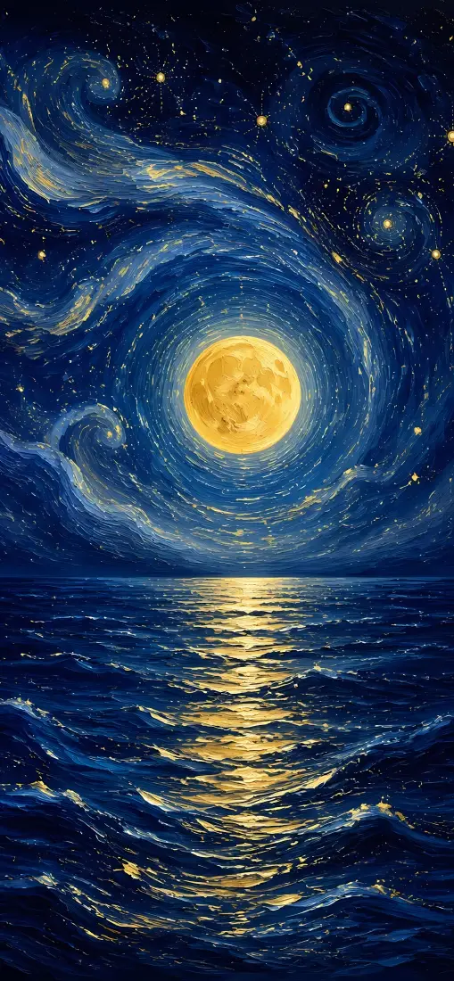 满月海面手机壁纸｜星空背景图片 - 梵高风油画夜景「哲风壁纸」
