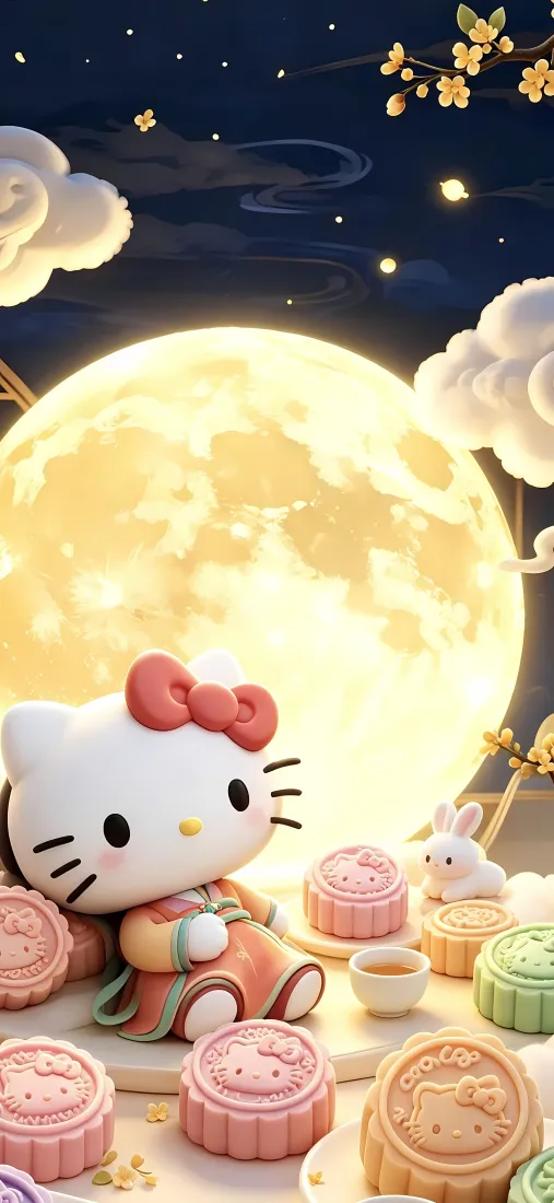 凯蒂猫手机壁纸｜中秋满月背景图片 - 月饼玉兔3D插画「哲风壁纸」