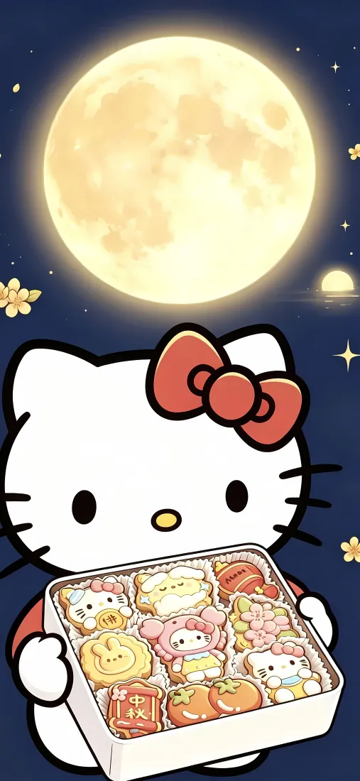 凯蒂猫手机壁纸｜中秋满月背景图片 - 手捧月饼礼盒「哲风壁纸」