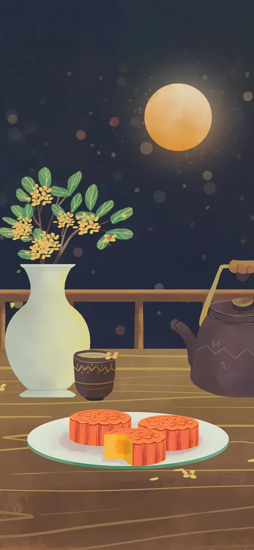 中秋月夜月饼茶席｜背景图片 - 桂花满月插画「哲风壁纸」