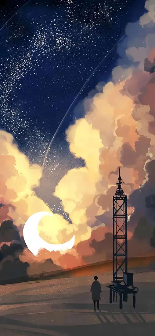 中秋星夜插画手机壁纸｜背景图片 - 弯月星云铁塔孤影「哲风壁纸」