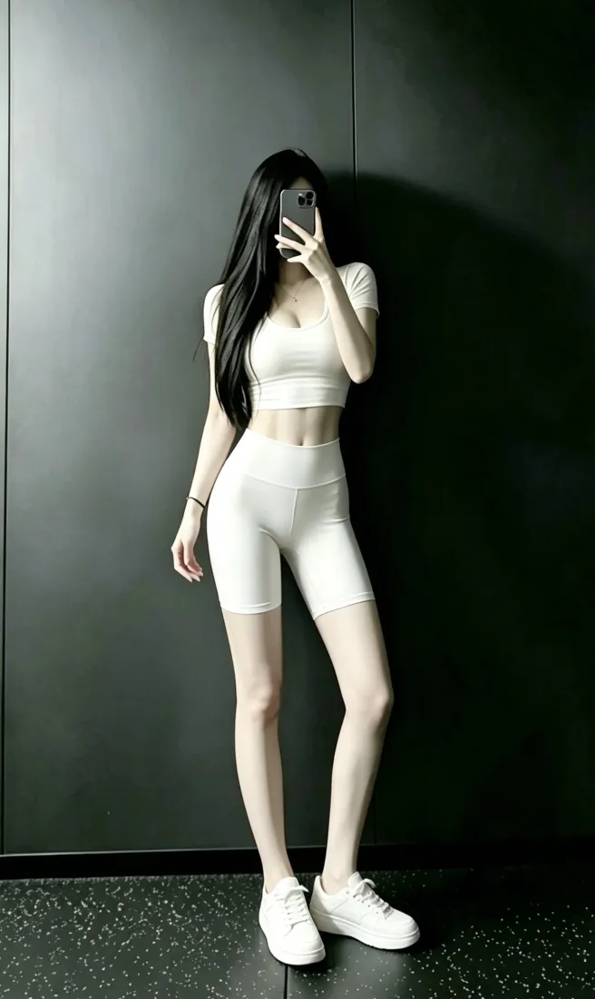 白色瑜伽服美女手机壁纸｜健身对镜自拍背景图片 - 长腿好身材运动风「哲风壁纸」