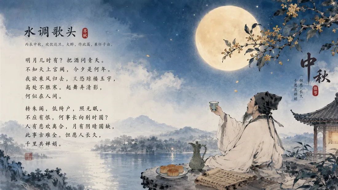 8k水调歌头壁纸｜中秋赏月背景图片 - 苏轼把酒问月古风插画「哲风壁纸」