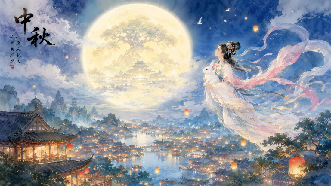 6k嫦娥壁纸｜中秋满月背景图片 - 古风飞天仙女玉兔「哲风壁纸」