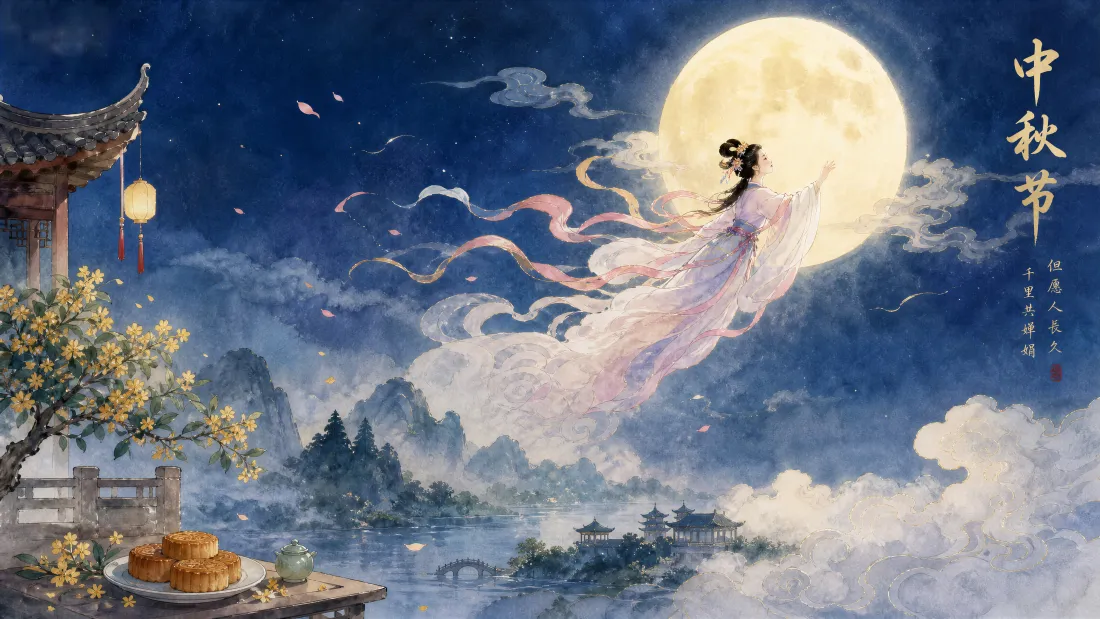 6k嫦娥奔月壁纸｜中秋古风背景图片 - 满月祥云月饼亭台插画「哲风壁纸」