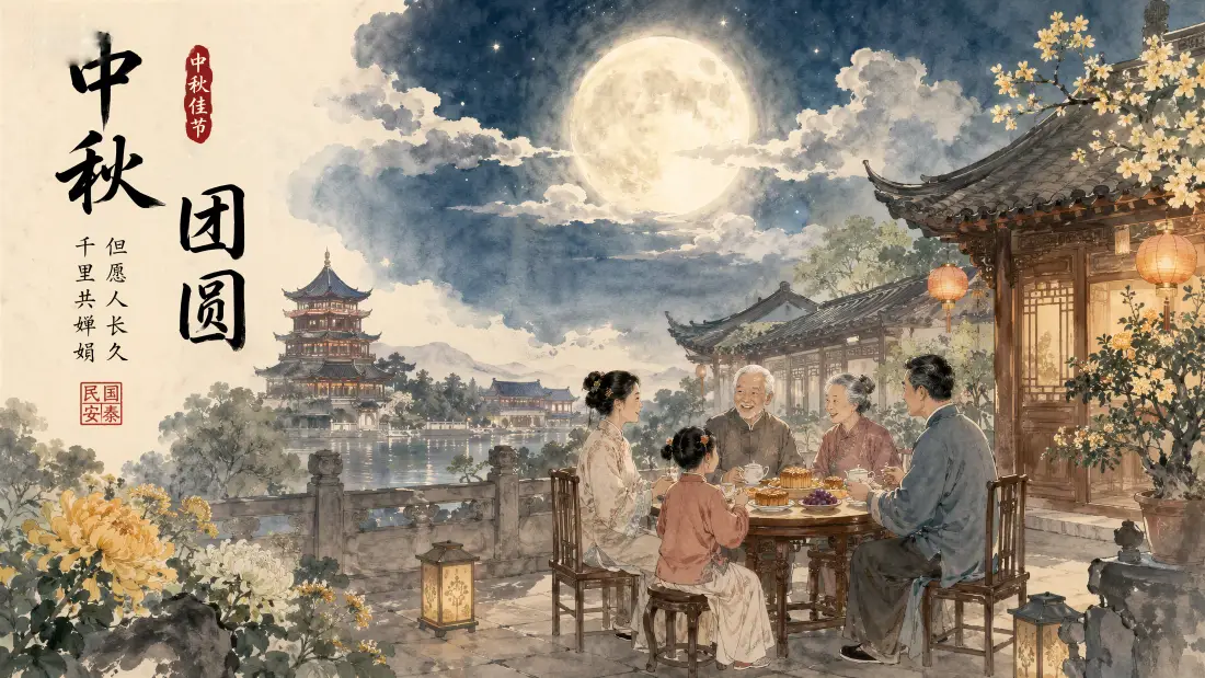 6k中秋团圆赏月｜古风庭院背景图片 - 阖家欢聚满月夜景「哲风壁纸」