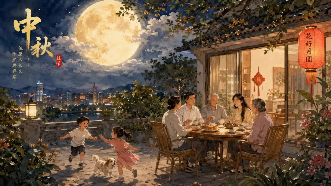 6k中秋团圆家宴赏月夜背景图片 - 满月灯笼庭院聚餐插画「哲风壁纸」