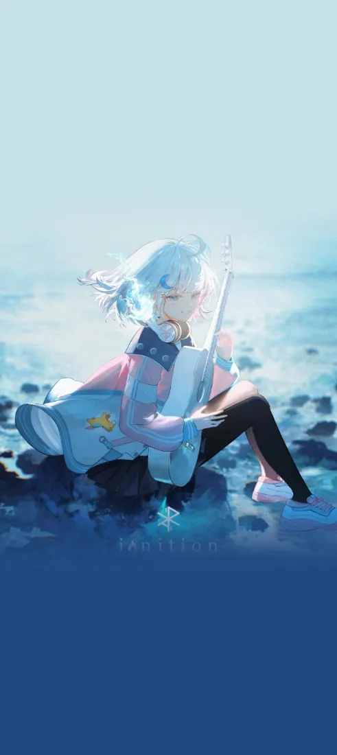 白发少女海边手机壁纸｜浅蓝背景图片 - 动漫插画「哲风壁纸」