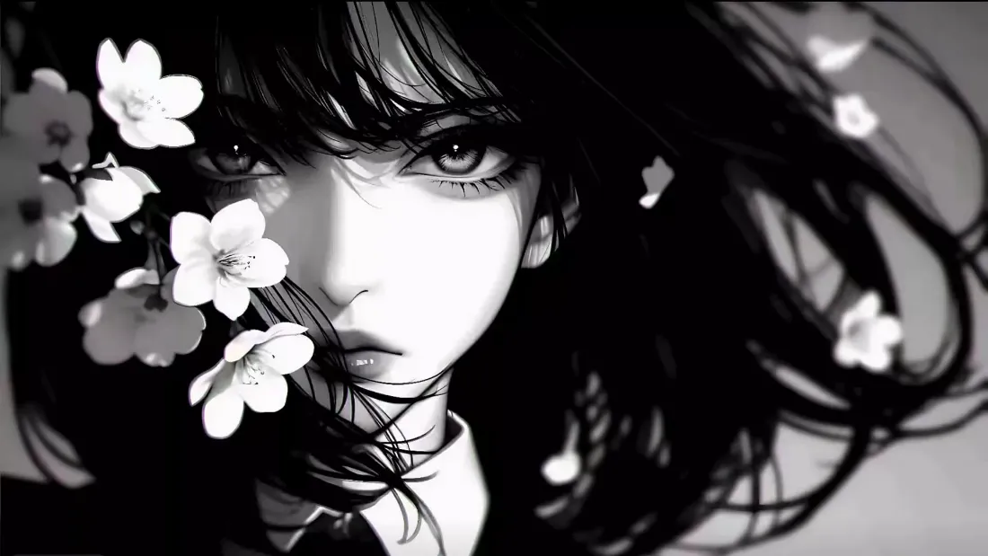 2k黑白动漫少女壁纸｜花影背景图片 - 冷感日系头像「哲风壁纸」