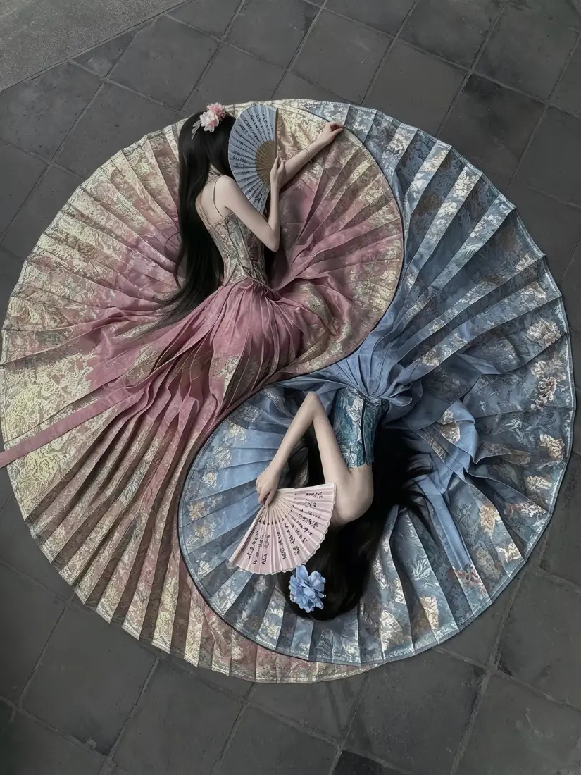 太极阴阳双姝手机壁纸｜古风汉服背景图片 - 粉蓝裙摆折扇「哲风壁纸」