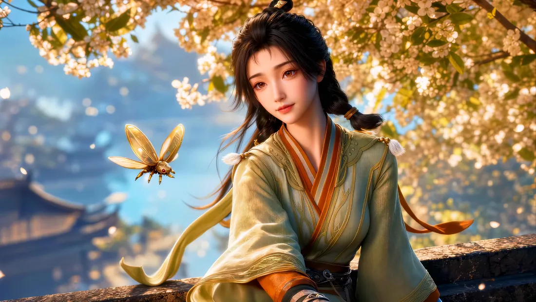 2k古风绿衣女子壁纸｜古装背景图片 - 花树蜜蜂古建侠女「哲风壁纸」