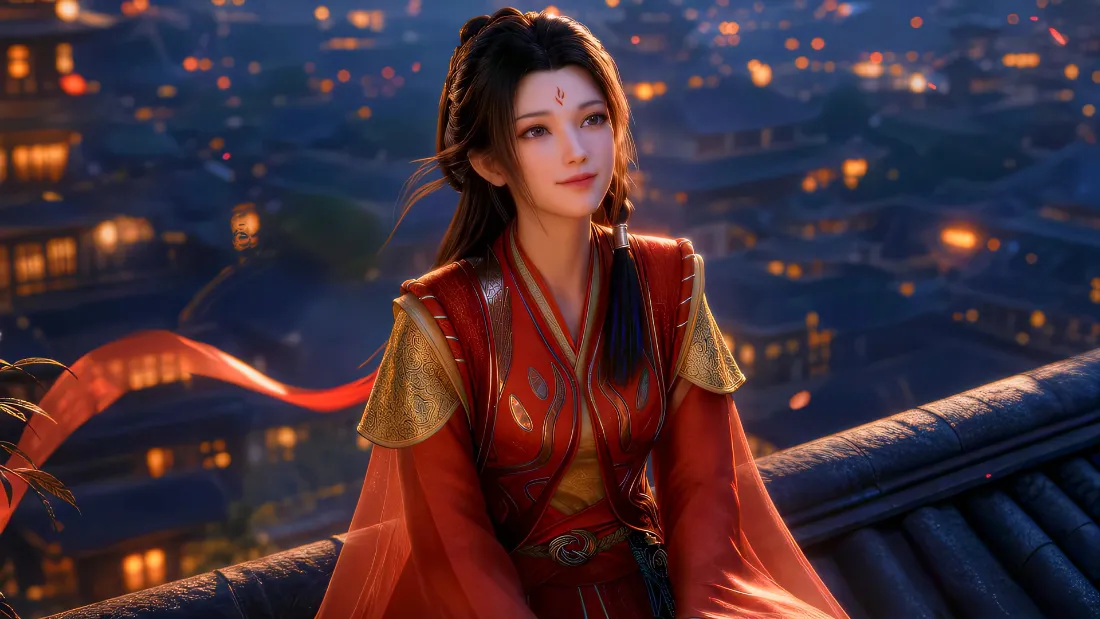 2k凡人修仙传董萱儿壁纸｜红衣古风背景图片 - 夜景屋顶「哲风壁纸」