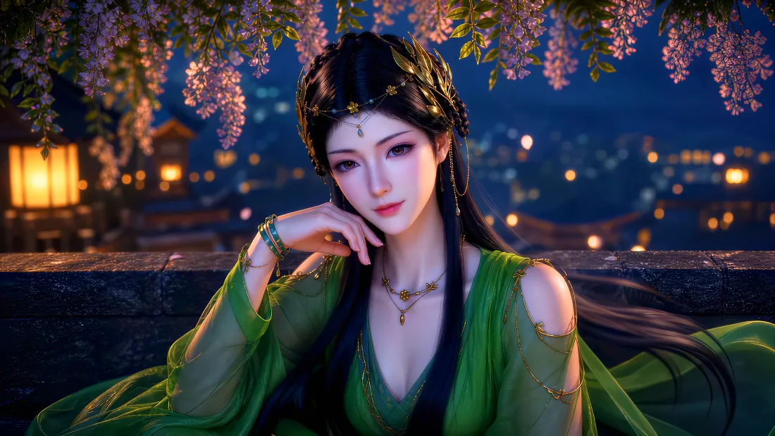 2k菡云芝壁纸｜古风夜景背景图片 - 绿衣紫藤灯笼「哲风壁纸」