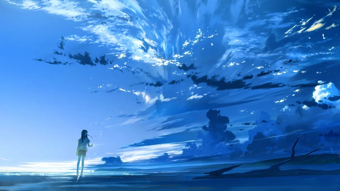 2k海边少女壁纸｜蓝色背景图片 - 治愈动漫风景「哲风壁纸」