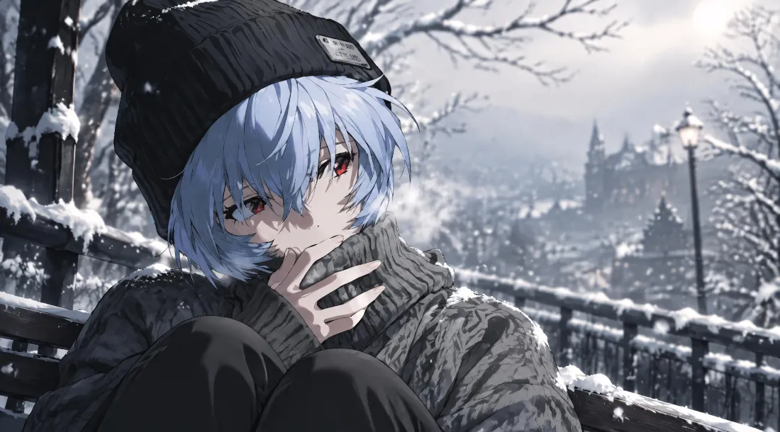 2k绫波丽壁纸｜雪景背景图片 - 冬日针织帽动漫少女「哲风壁纸」