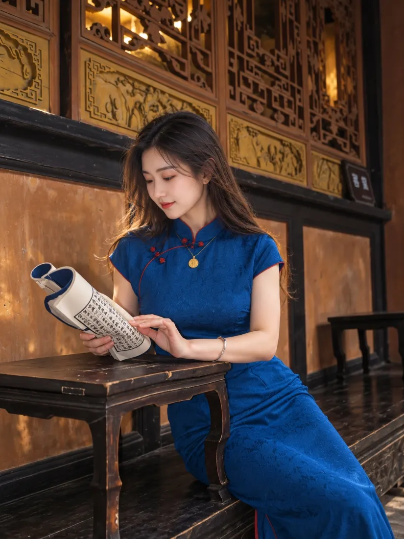 宝蓝色旗袍美女手机壁纸｜中式古建背景图片 - 书卷气质旗袍人像「哲风壁纸」