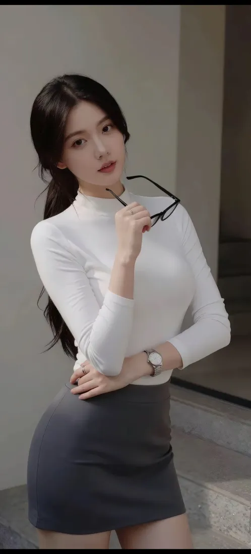 职场美女手机壁纸｜白衫包臀裙背景图片 - 黑框眼镜知性御姐「哲风壁纸」