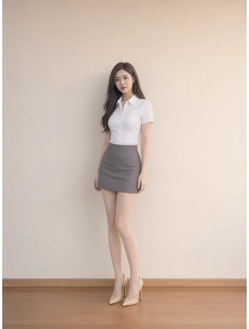 OL职业装美女手机壁纸｜白衬衫灰短裙背景图片 - 室内长腿写真「哲风壁纸」
