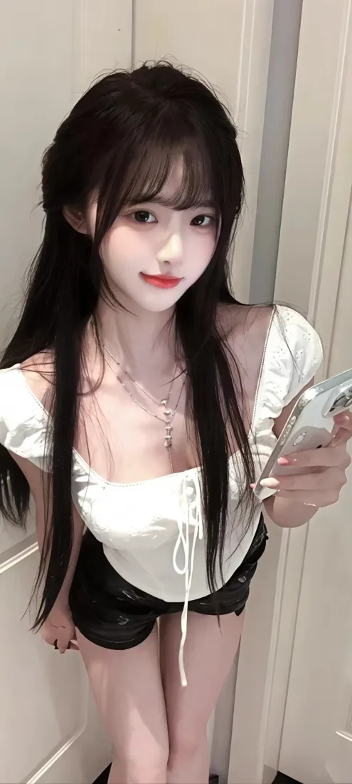 黑长直美女手机壁纸｜白上衣黑短裤背景图片 - 对镜自拍「哲风壁纸」