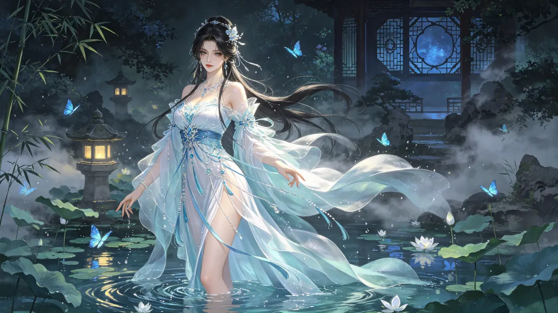 3k古风白衣女子壁纸｜荷塘夜景背景图片 - 蓝蝶仙气插画「哲风壁纸」