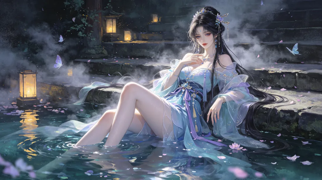 3k古风蓝裙美女温泉｜背景图片 - 夜色灯笼蝴蝶仙境「哲风壁纸」