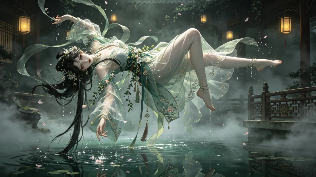 3k古风绿衣美女壁纸｜水中背景图片 - 灯笼亭台轻纱「哲风壁纸」