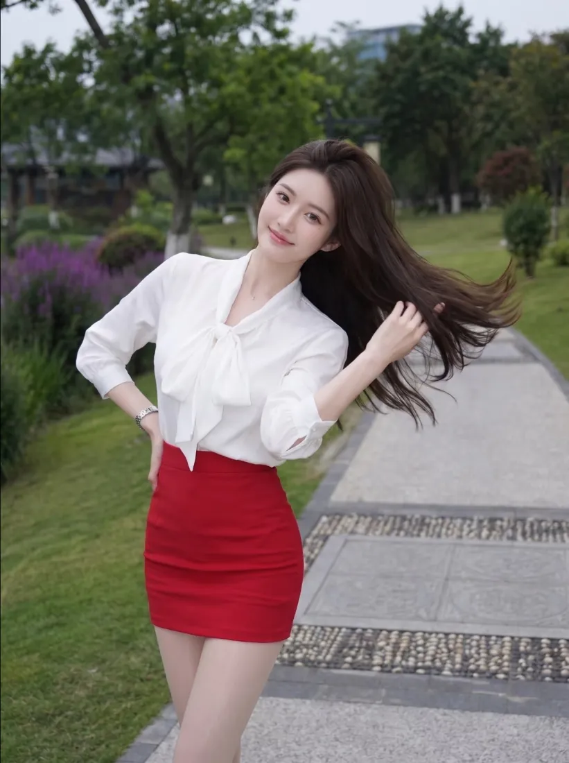 气质美女手机壁纸｜户外背景图片 - 白衬衫红短裙「哲风壁纸」