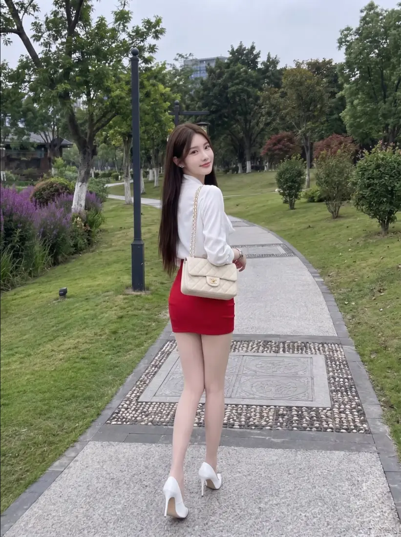 公园步道美女手机壁纸｜白衬衫红短裙背景图片 - 户外清新人像「哲风壁纸」