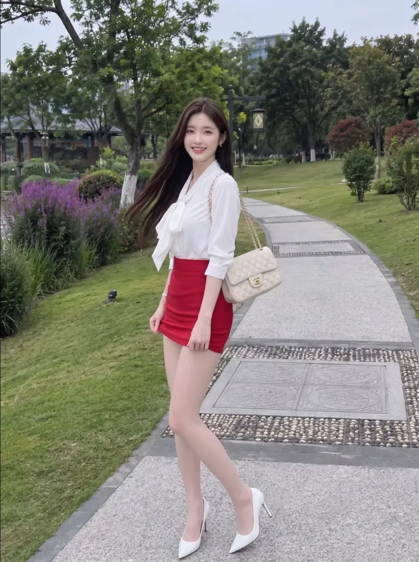 白衬衫红裙美女手机壁纸｜公园步道背景图片 - 长发美腿OL穿搭「哲风壁纸」