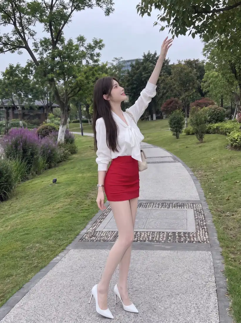 红裙长发美女手机壁纸｜公园步道背景图片 - 白衬衫高跟鞋「哲风壁纸」