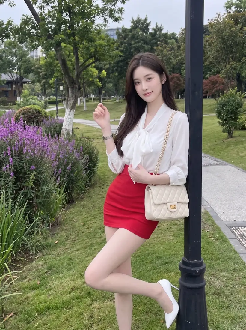 白衬衫红裙美女手机壁纸｜公园街拍背景图片 - 长腿御姐户外写真「哲风壁纸」