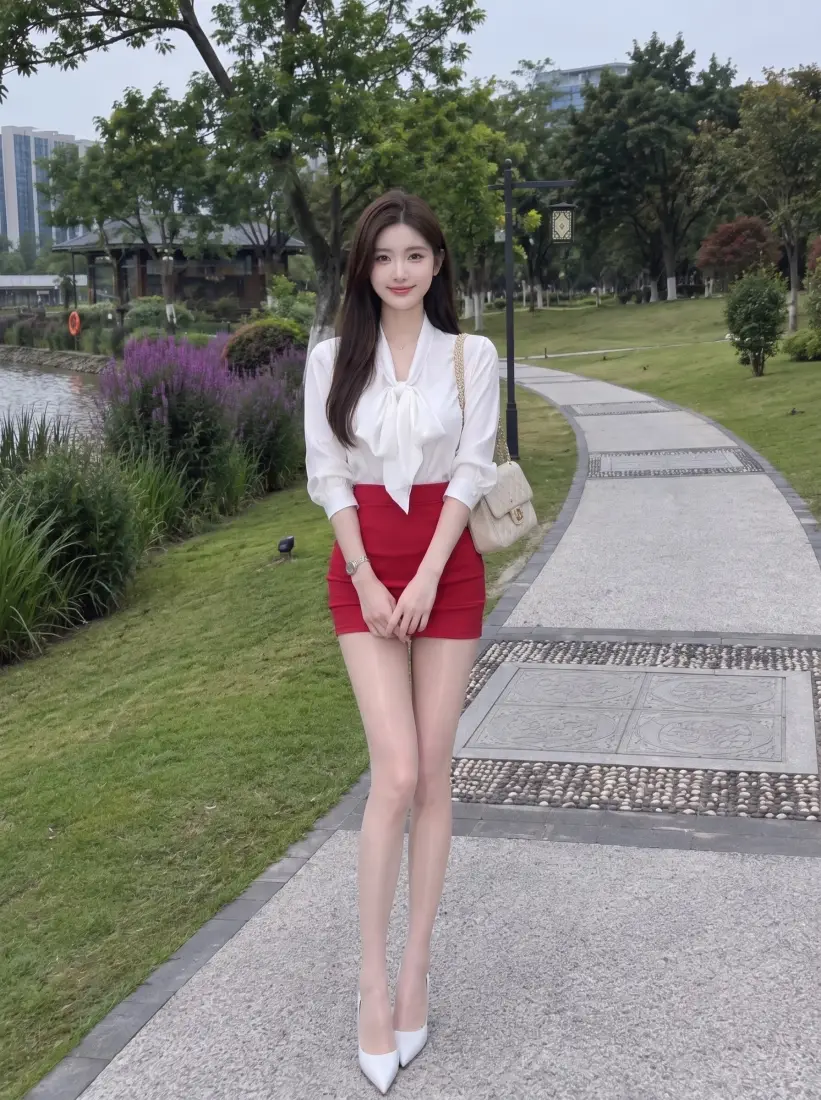 白衬衫红裙美女手机壁纸｜公园步道背景图片 - 长发气质穿搭「哲风壁纸」