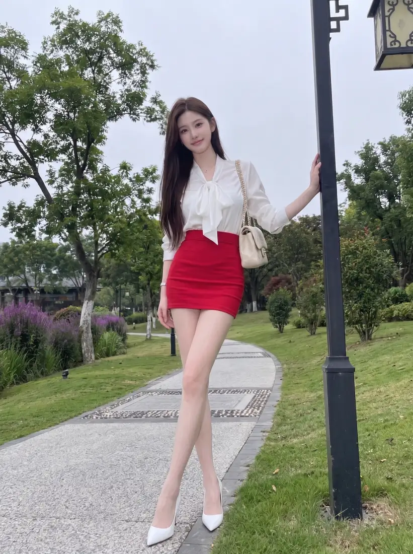 气质美女手机壁纸｜公园步道背景图片 - 白衬衫红短裙长腿穿搭「哲风壁纸」