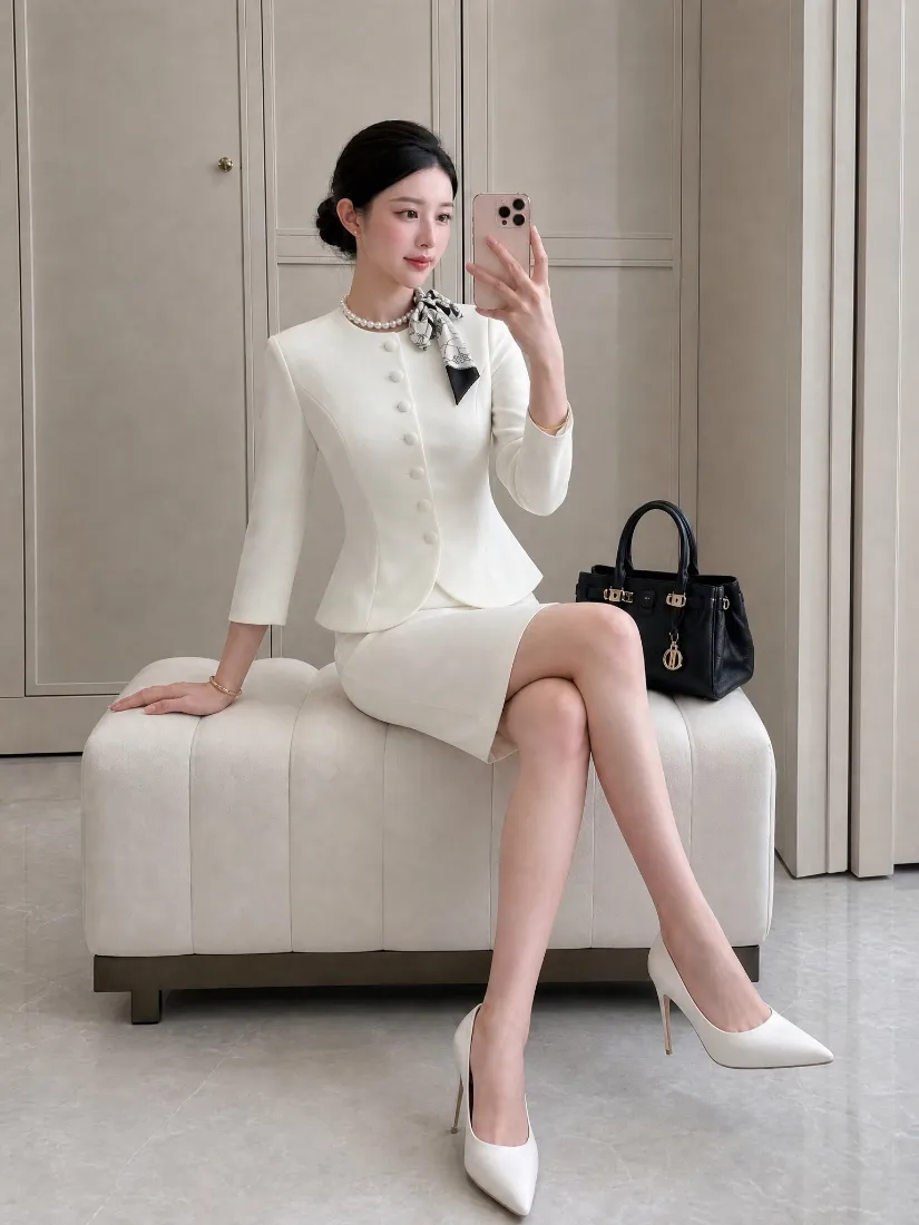 职业装美女手机壁纸｜白色套裙背景图片 - 室内自拍「哲风壁纸」