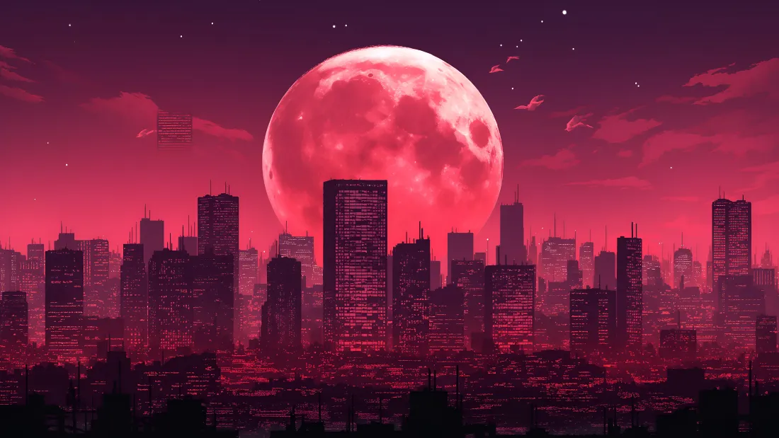 4k血月城市壁纸｜背景图片 - 红色夜空都市剪影「哲风壁纸」