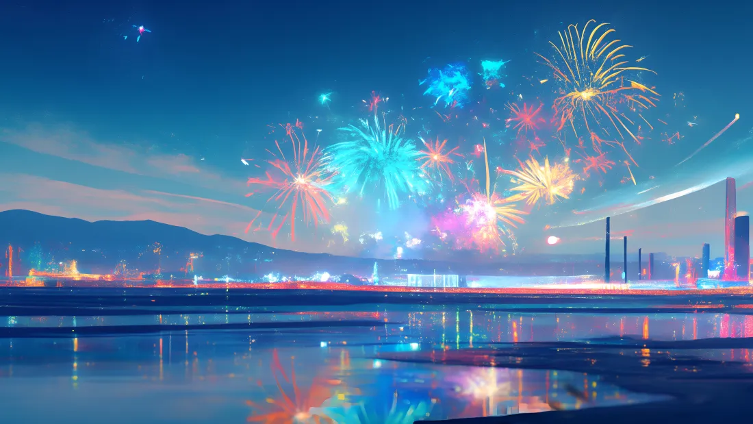 4k烟花水岸壁纸｜夜空背景图片 - 湖面倒影城市远山「哲风壁纸」