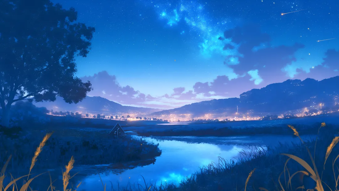 4k星空河畔夜景壁纸｜远山灯火背景图片 - 蓝调郊野「哲风壁纸」