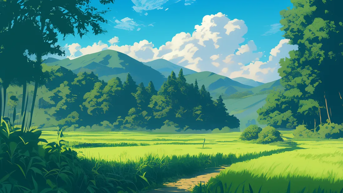 4k山野田园壁纸｜AI风光背景图片 - 夏日稻田森林晴空「哲风壁纸」