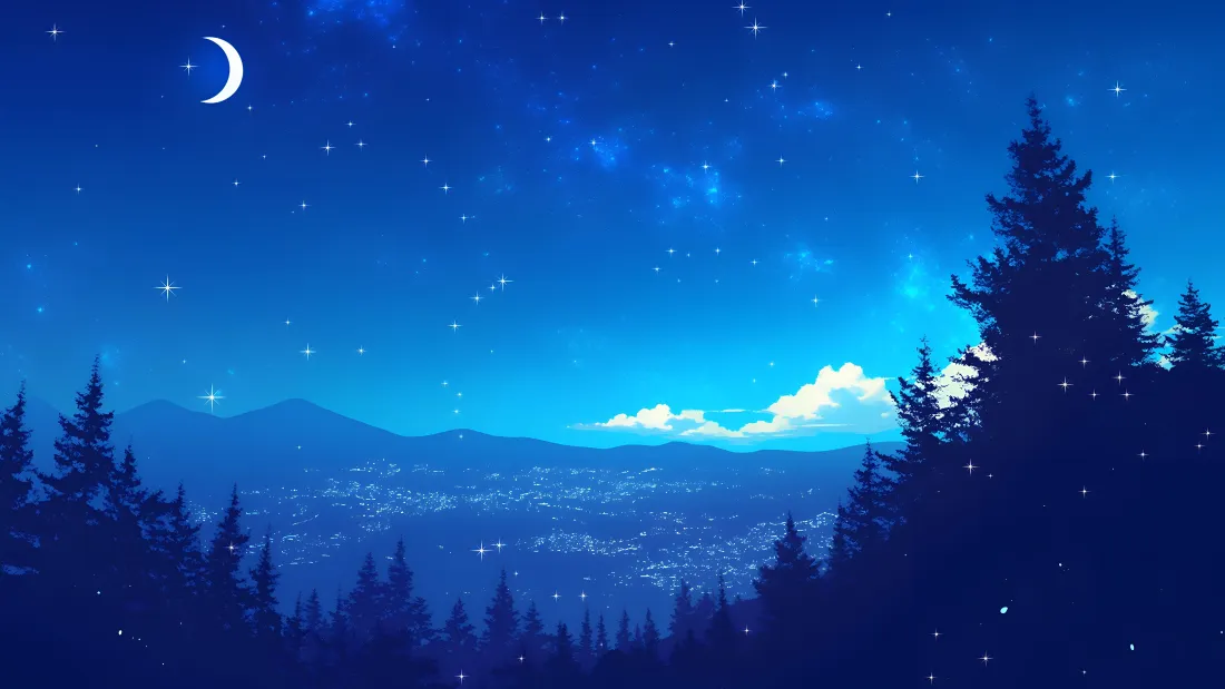 4k星空山林夜景壁纸｜弯月森林背景图片 - 梦幻蓝调山间星夜「哲风壁纸」